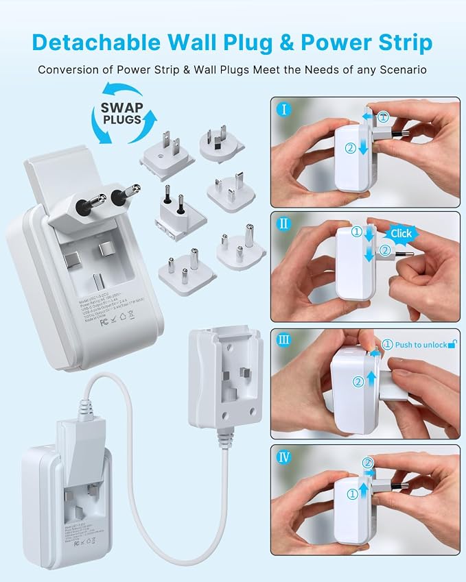 VINTAR Universal Travel Adapter Kit, 5ft Detachable Extension Cord with 2 AC Outlets & 3 USB(2 USB C), Type A/C/G/D/I/M International Power Adaptor for US to Europe UK India South Africa Japan