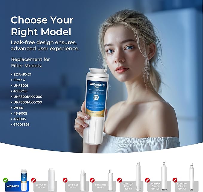 Waterdrop Plus UKF8001 NSF 401,53 Certified Refrigerator Water Filter, Reduce PFAS, Replacement for Whirlpool® Everydrop® Filter 4, EDR4RXD1, Maytag® UKF8001AXX, 2 Filters (Packaging May Vary)