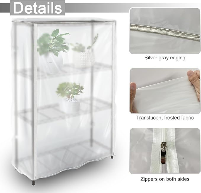 Frosted Wire Shelf Cover with Zipper, Waterproof Dustproof PVC Rack Cover for 48 x 18 x 72 Inch Wire Shelving, Semi-Transparent, Helps Hide Clutter, Cover Only