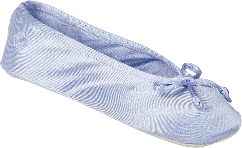 Isotoner Women's Satin Ballerina Slippers with Classic Ribbon Bow and Suede Sole