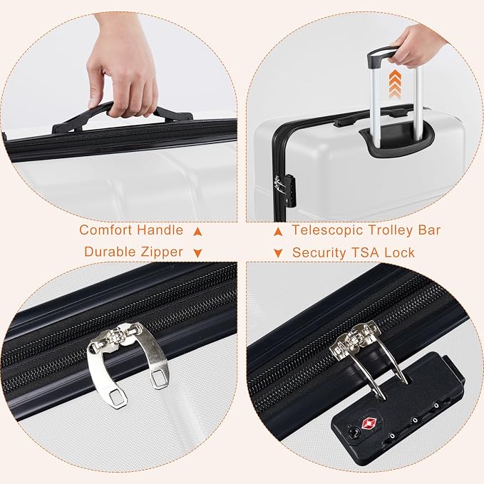 Sweetcrispy 20 Inch Carry On Luggage, Lightweight ABS Rolling Hard Shell Suitcase with Quiet Spinner Wheels, Built-in TSA Lock, Portable Travel Suitcase for Business Trip & Vacation Use, White