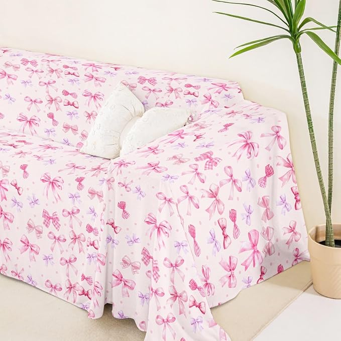 Pink Bow Couch Covers for 3 Cushion Couch Sofa Pet Friendly,Dreamy Princess Style Bowknot Seater Sofa Cover Slipcovers,Cute Bowknot Bow Tie Cat Furniture Protector,91"x118" Light Pink Room Decor