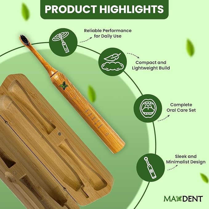 Rechargeable Bamboo Electric Tooth Brush, Brush with 3 Replacement Heads and Storage Case, Portable Oral Care, Durable Electric Design with Travel-Friendly Protective Holder