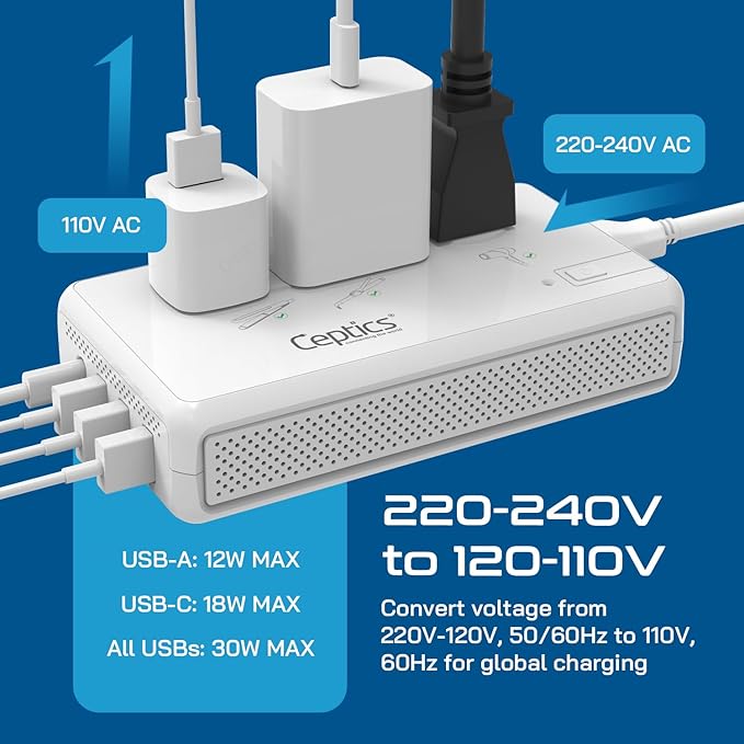 Ceptics 2000W Travel Voltage Converter for Hair Dryer & 200W Convert 220V to 110V for Curling Iron, Straightener, Chargers, Step Down World Power 4 USB Charging QC 3.0 SWadApt Type A, B, C, E/F, G, I