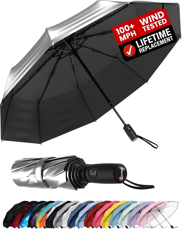 Repel Windproof Travel Umbrella - Compact & Withstands Winds up to 100MPH , Strongest Premium Auto Folding Umbrella for Rain and Sun - Durable, Light & Portable for Women & Men , Fits Backpack & Cars