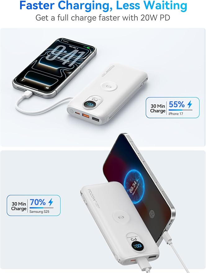 Portable Charger, 10000mAh 20W Fast Charging Power Bank with Built in Cables & AC Wall Plug & LED Display, Travel Essentials Battery Pack Powerbank for iPhone, iPad, iWatch, Samsung, White