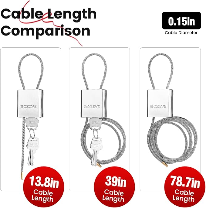 Cable Locks 3-Pack | Keyed Alike Adjustable Cable Padlock｜Len 3.28ft(1m) with 6 Same Keys/Set for Bikes, Gate, Lockers, Gun & Outdoor Gear | Weatherproof & Silver