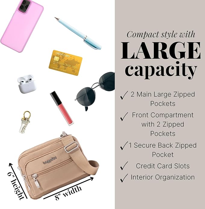 Baggallini Triple Zip Small Crossbody Bag for Women - Lightweight Convertible Fanny Pack Belt Bag