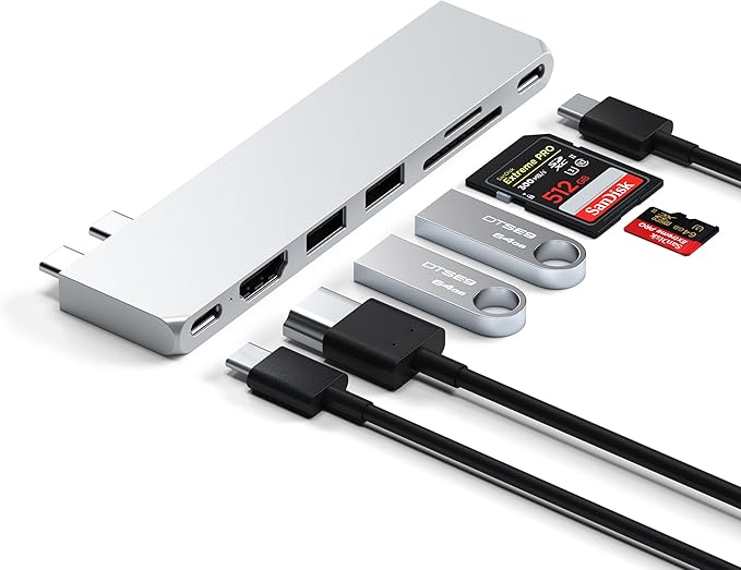 Satechi 7 in 1 USB C Hub Multiport Adapter Pro Slim, USB C Dongle, 100W Charging, 4K HDMI, USB 4, USB 3.2 Gen 2, SD/Micro Card Reader for Mac, MacBook Air/Pro - Silver