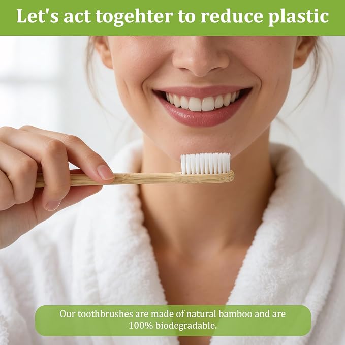 Bamboo Disposable Toothbrush Kit (50 Pack) with 6g Toothpaste - 100% Natural Biodegradable - Individually Wrapped Disposable Amenities for Hotel, Airbnb, Travel, Camping, Homeless & Guest Use