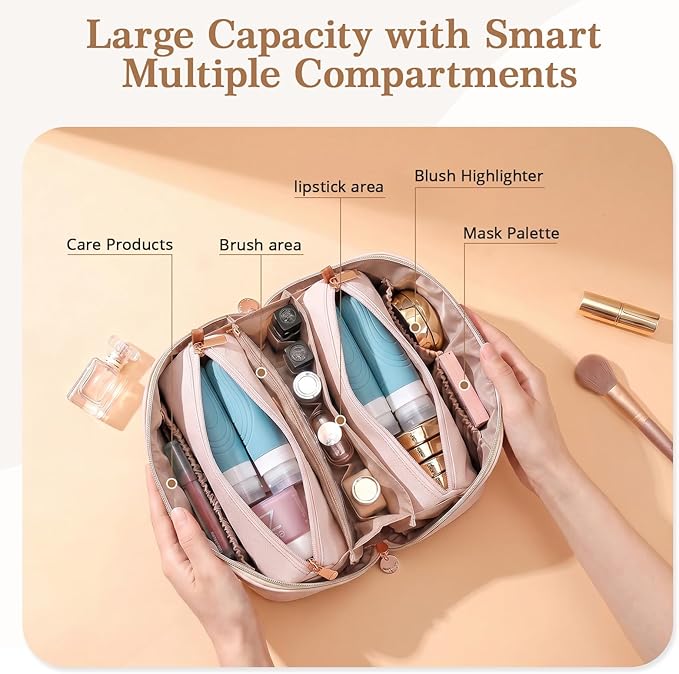 Travel Makeup Bag for Women: 3-in-1 Large Capacity Cosmetics Organizer with 2 Detachable Pouch - Vegan Leather Flat Open Toiletry Bag - Travel Essentials for Full-Sized Bottles(White)