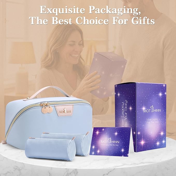 Travel Makeup Bag for Women: 3-in-1 Large Capacity Cosmetics Organizer with 2 Detachable Pouch - Vegan Leather Flat Open Toiletry Bag - Travel Essentials for Full-Sized Bottles(Light Blue)