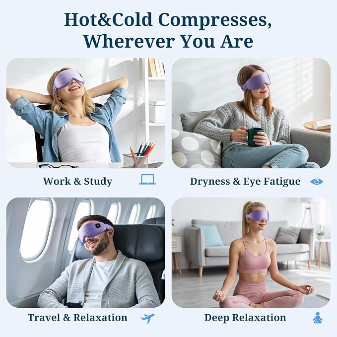 100% Silk Wireless Heated Eye Mask with Cooling, Relieves Dry Eye Syndrome and Puffy, Reduces Dark Circles, Adjustable Velcro Design and Washable Cover, Suitable for Travel & Gifts-Purple.