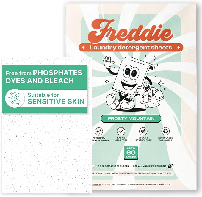 Freddie Laundry Detergent Sheets - Recyclable Packaging - No Mess Strips - 60 Loads - Crisp Frosty Mountain Scent