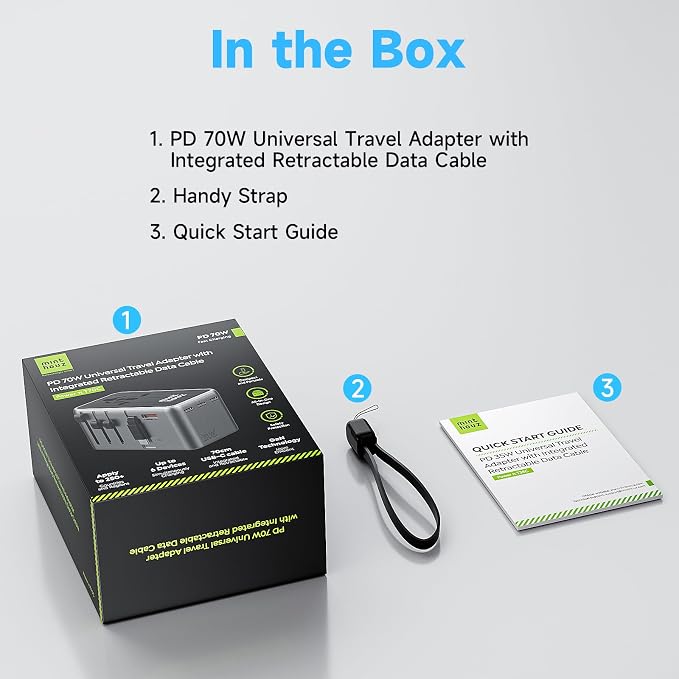 Minthouz Universal Travel Adapter, International 70W Power Adapter GaN Fast Charger with 3 USB-C PD, 1 USB-C Cable & A Ports, All-in-One Portable AC Power Plug Adapter for USA EU UK AUS