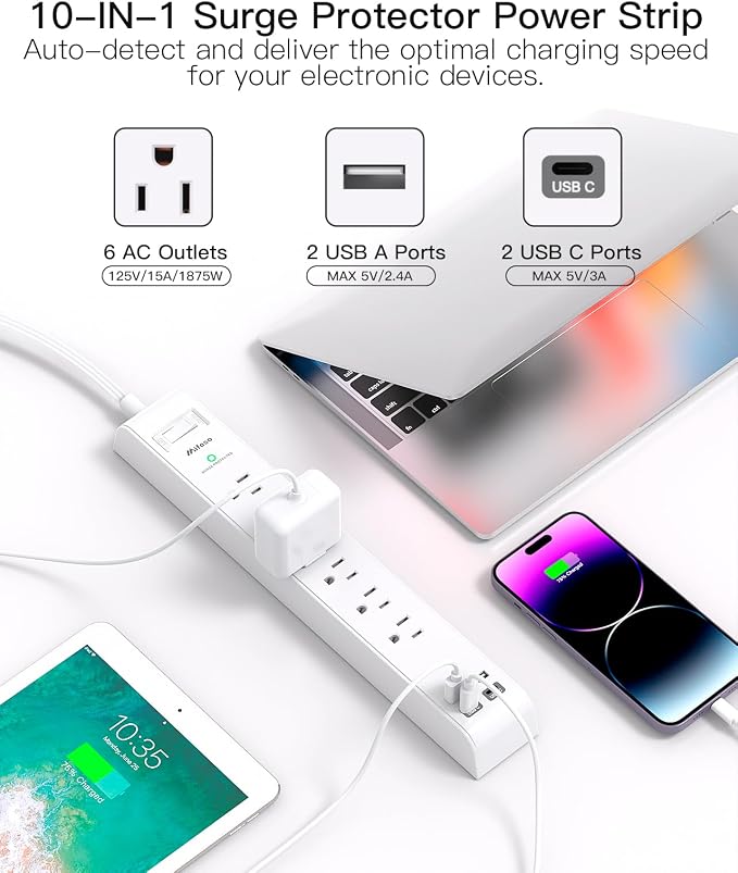 2 Pack Power Strip, Extension Cord 5FT, Surge Protector with 6 Outlets and 4 USB Ports (2 USB C), Flat Plug Overload Protection, Extension Cord with Multiple Outlets, Wall Mount for Home Dorm College