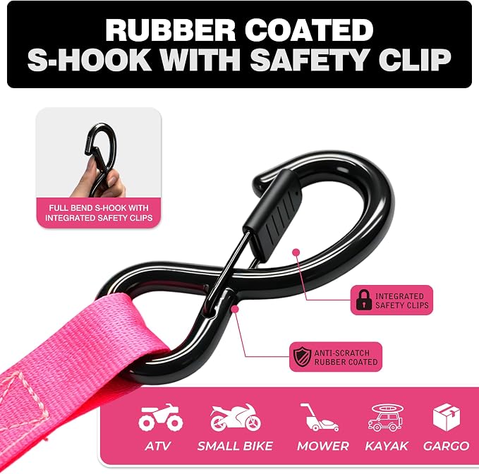 Retractable Ratchet Straps 1" x 13Ft, Heavy Duty Self Retracting Tie Down Straps, 1800lb Break Strength Auto Retract Cargo Straps for Truck, Trailer, Motorcycle, ATV, UTV, (Pink, 4 Pack)