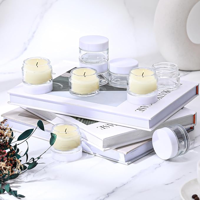 Domensi 100 Pcs 1oz Glass Jars with Lids Bulk Small Glass Salve Tins Cream Container Cosmetic Jars for Travel Balm with Inner Liners for Sample Cream (Clear,White Lid,Plastic Lid)