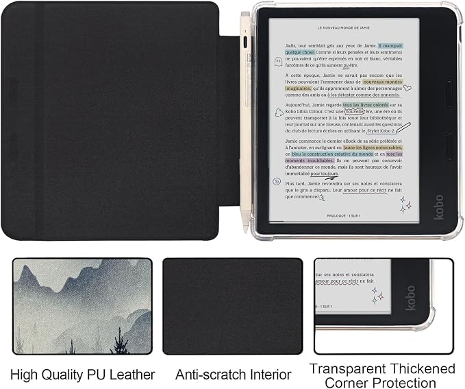 Folio Leather Case for 7" Kobo Libra Colour (2024) eReader - Ultra-Thin Enhanced Auto Sleep/Wake Cover with Transparent TPU Back, Magnetic Closure, Stylus Holder (Misty Forest)