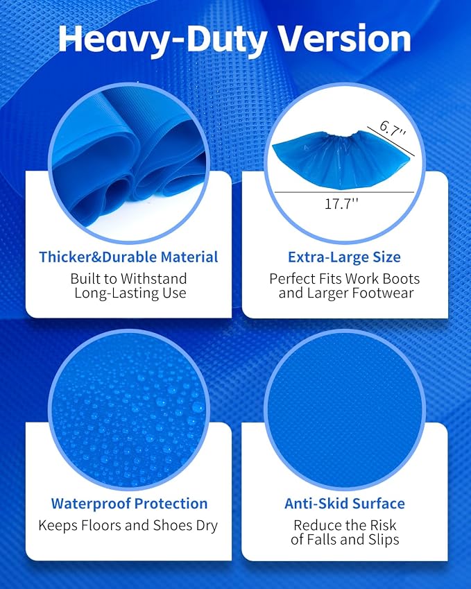 Buself Heavy Duty Disposable Shoe Covers, Extra Large 6.7x17.7 In, Thick 0.3 Oz, Waterproof Non-Slip Shoe Booties, 100 Pieces Boot Covers for Indoor/Outdoor Use, One Size Fits All