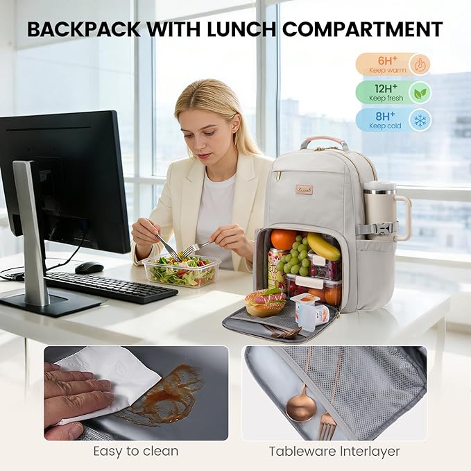 LOVEVOOK Lunch Backpack with Lunch Compartment,15.6 Inch Laptop Work Travel Insulated Cooler Backpack Purse, Waterproof College Teacher Lunch Bag Box with Tumbler Holder,Gifts for Men Women,Gray-Pink