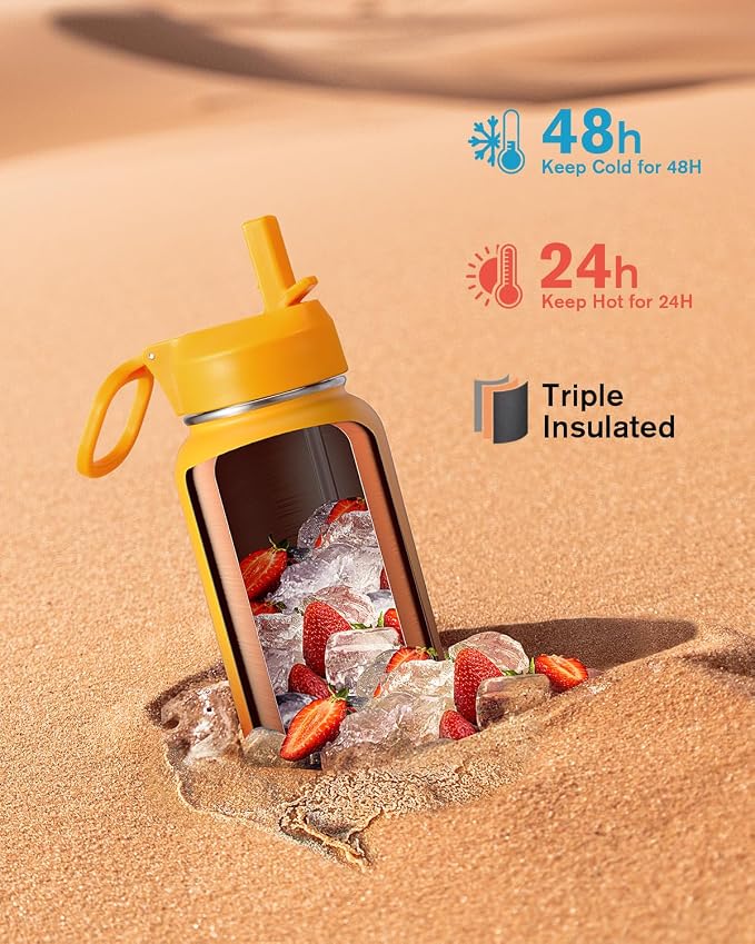 Water Bottle 40 oz Insulated with Straw&Brush, Coolflask Vaccum Stainless Steel Metal 3 Lids Water Flask for Sports, Gym or Office, Keep Cold 48H Hot 24H, Ombre Yellow/Orange