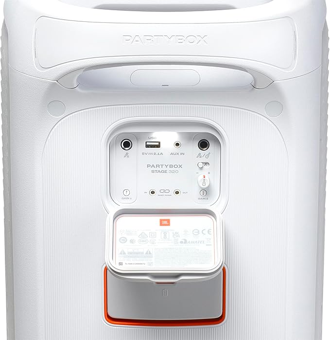 JBL PartyBox Stage 320 - Portable Party Speaker with Telescopic Handle & Wide, Sturdy Wheels, Powerful Pro Sound, Futuristic lightshow, Up to 18 Hours of Play time, Splash Proof (White)