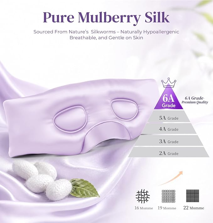 LC-dolida 3D Silk Bluetooth Sleep Mask, Mulberry Silk Sleep Mask with Bluetooth Headphones, Bluetooth Eye Sleep Mask for Side Sleepers, Total Blackout Bluetooth Eye Mask for Women Men, Light Purple
