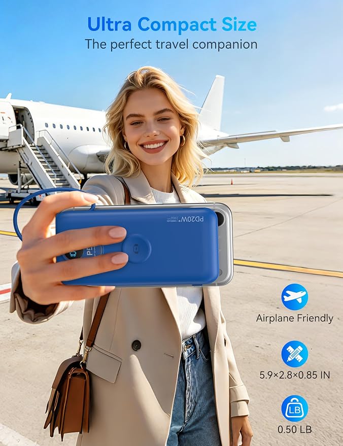 Portable Charger, 10000mAh 20W Fast Charging Power Bank with Built in Cables & AC Wall Plug & LED Display, Travel Essentials Battery Pack Powerbank for iPhone, iPad, iWatch, Samsung, Blue