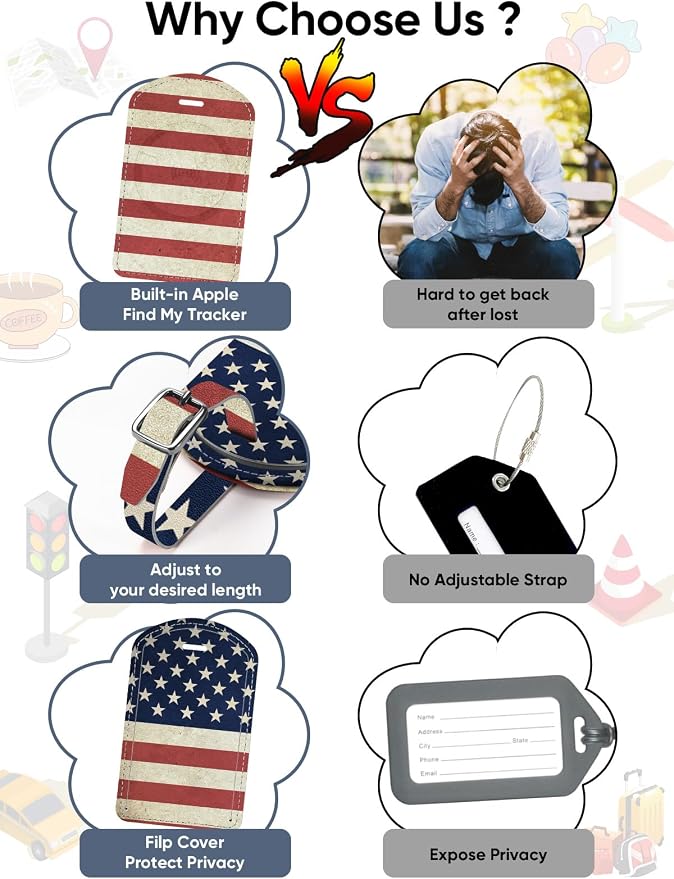 Luggage Tag Built-in Anti-Loss Tracker & Luxury Leather(US Flag) | for Suitcase, Travel Bags, Backpacks, Travel Organizer for Lost Baggage Prevention