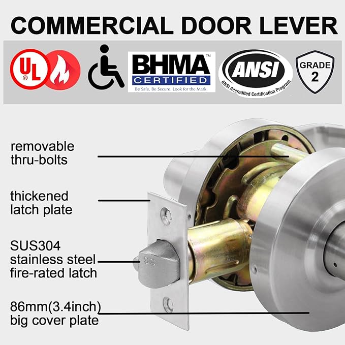Privacy Commercial Door Locks Heavy Duty Grade 2 Lever for Commercial Bathroom, Non-Handed, UL 3 Hour Fire Rated, ADA Compliant, Satin Chrome Finish 26D, 2-3/4''Backset, X-XG-BK-70