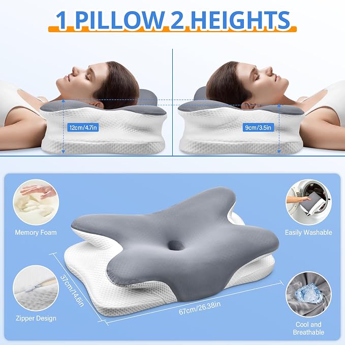 Cervical Neck Pillow, Ergonomic Memory Foam Pillows for Neck Pain Relief with Breathable Pillowcase, Adjustable Contour Neck Support Pillow for Side Back Stomach Sleepers (Gray)
