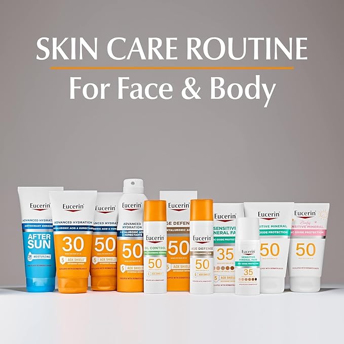 Eucerin Sun Age Defense SPF 50 Face Sunscreen Lotion with Hyaluronic Acid, Hypoallergenic, Non-Comedogenic Sunscreen SPF 50 Free of Fragrance, Oxybenzone and Octinoxate, 2.5 Fl Oz Bottle