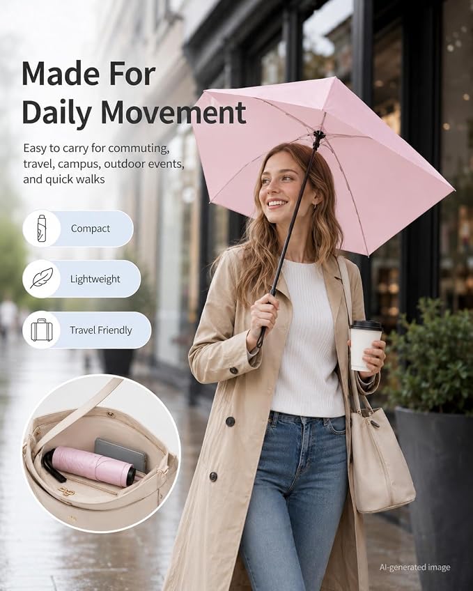 Japan Pencil Umbrella, Japanese Ultra Light Mini Travel Umbrella with Upf 50+ Sun Protection, Compact Folding Pocket Parasol for Rain, Backpack, Handbag, Commute, Beach, Hiking, Outdoor Use