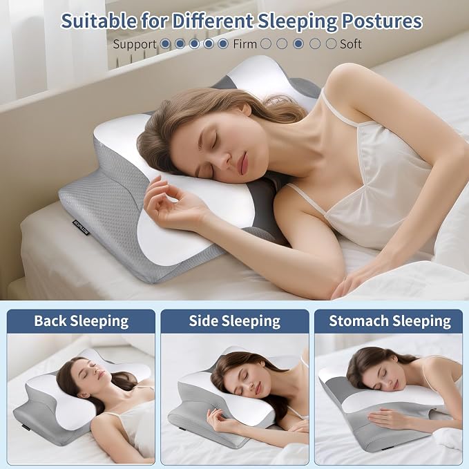 Cervicac了Neck Pillow for Pain Relief - Ergonomic Side Sleeper Pillow for Neck Support, Contour Orthopedic Cervical Pillow for Sleeping, Cooling Memory Foam Pillows for Back Sleepers (Light Grey&White)
