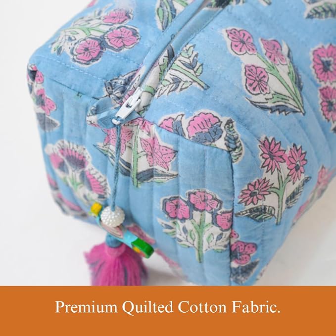 Saffron Marigold Quilted Makeup Bag Set of 3, Hand Block Printed Cotton Cosmetic Bags for Women, Waterproof Lined Travel Toiletry Bag, Coquette Floral Aesthetic, Handmade Gift, Denim Rose