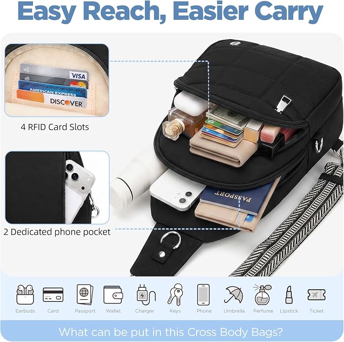 Anti Theft Sling Bag for Men & Women, Lightweight Puffer RFID Crossbody Bag for Travel, Commuting & City Walking, Hands-Free Everyday Essentials Bag Black