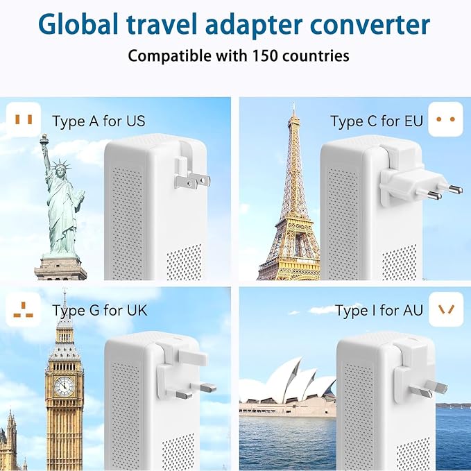 2000W 220V to 110V Voltage Converter US to Europe for Hair Dryer, Converter for European Travel, International Universal Travel Adapter (White)