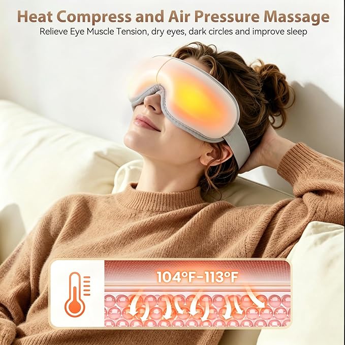 LAOBEN Eye Massager with Heat- Eye Mask for Migraines & Improve Sleep | Cordless, Stress Relief, Portable Folding & Light-Blocking Design, Reduce Strain for Plane, Travel, Gift for Women Men