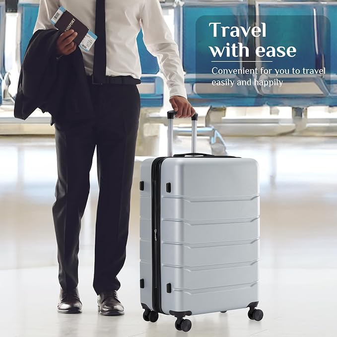 Sweetcrispy 28 Inch Carry on Luggage, Hard Shell ABS Suitcase with Double Spinner Wheels, Lightweight Expandable Rolling Suit Case with TSA Lock, Light Grey