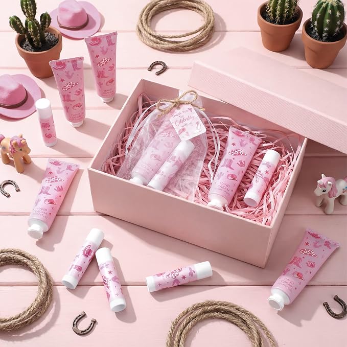 30 Sets Pink Cowgirl Hand Creams and Lip Balms Gift Bulk Western Bridal Shower Party Hand Lotion and Lip Balm First Rodeo Party Favors for Birthday Supplies