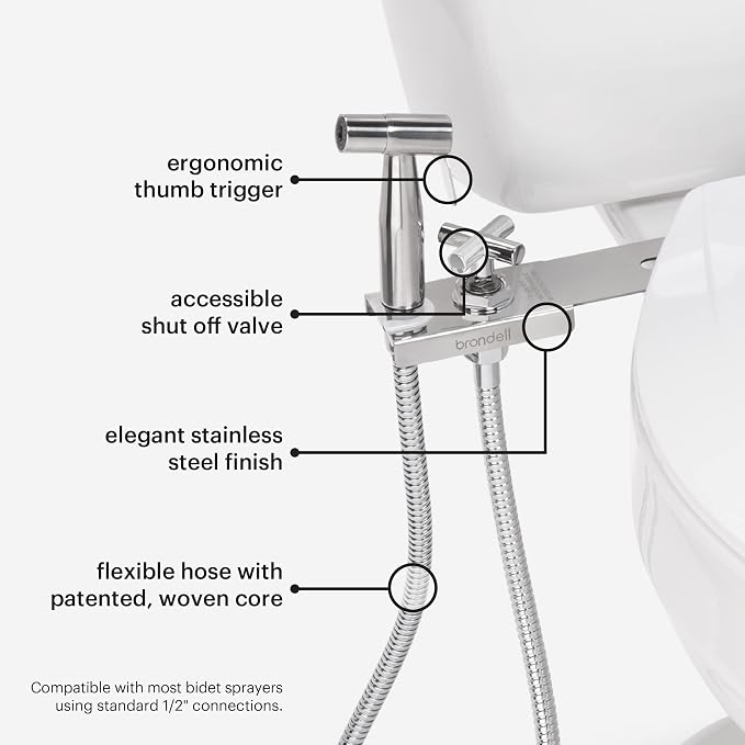 Brondell MBH-40-S CleanSpa Luxury Handheld Bidet Attachment for Toilet with Stainless Steel Holster and Built-In Shut Off Valve, Dual Spray Options, Includes Spiral Metal Hose, Stainless Steel