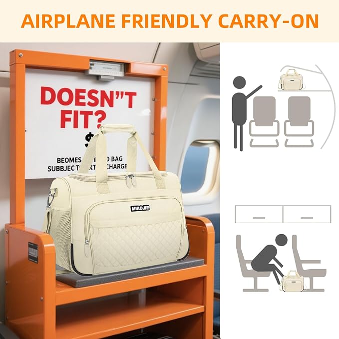 Travel Duffle Bag for Women, Underseat Carry On luggage Bag Foldable Overnight Weekender Hospital Bag Lightweight Airplanes Personal Item Travel Tote Bag for Women Birthday Gifts, 16IN Beige