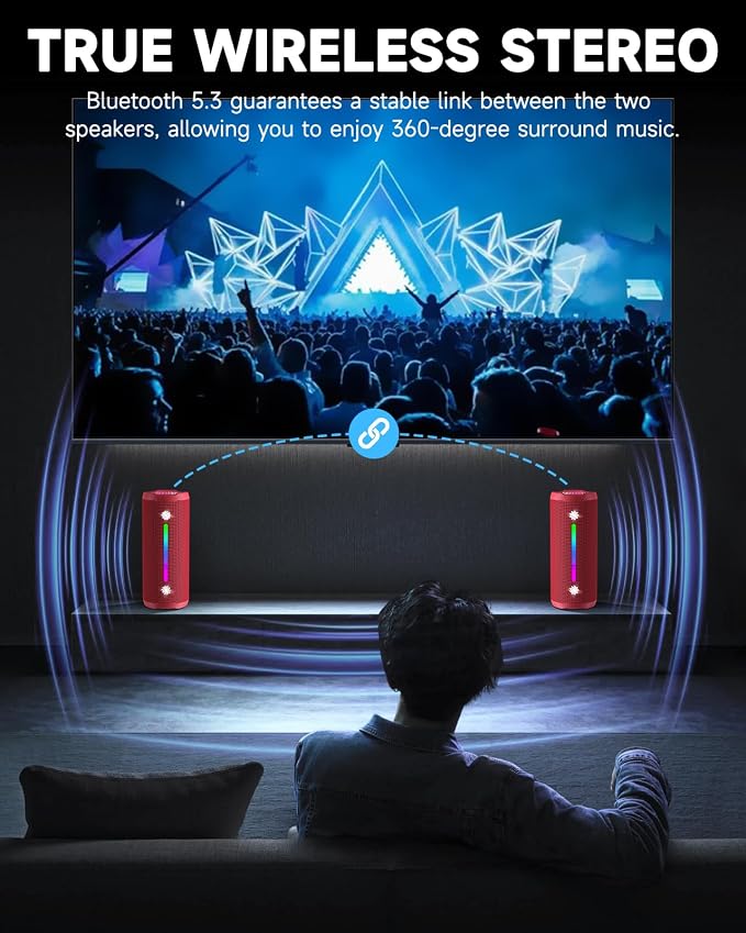 OHAYO Bluetooth Speaker, Portable Wireless, IPX7 Waterproof, Powerful 25W Sound, 24H Playtime, Dual Pairing, Active Bass, Colorful Lights, Bluetooth 5.3, Outdoor Speakers for Home/Party/Beach, Red