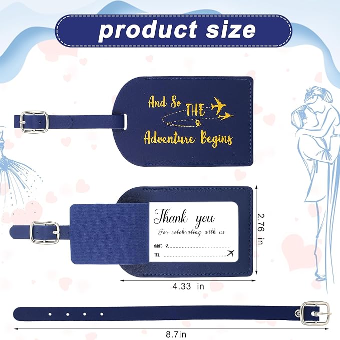 Sweetude 48 Sets Bulk Luggage Tags Wedding Favors and So The Adventure Begins Leather Luggage Tags for Suitcases with Name Card for Travel Themed Bridal Shower Graduation Party Favor(Blue)