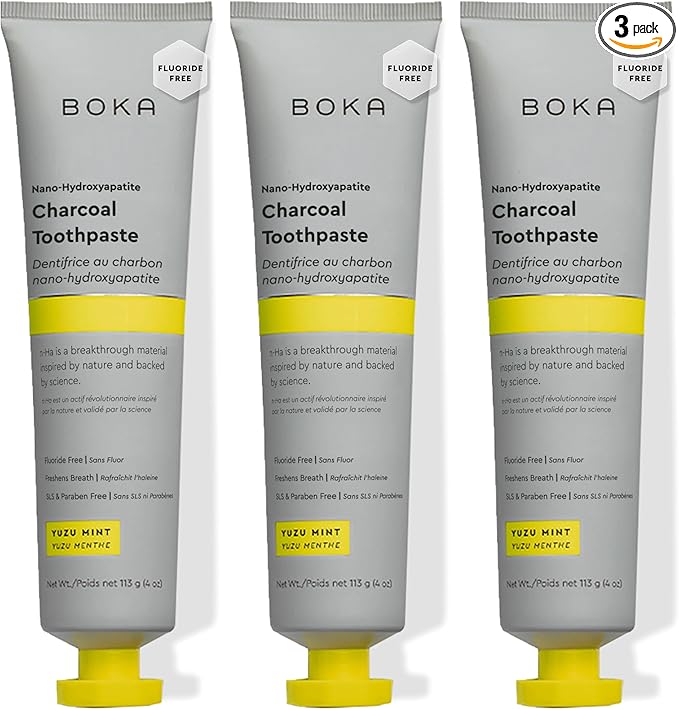 Boka Fluoride Free Toothpaste, Nano Hydroxyapatite Toothpaste, Appropriate for Sensitive Teeth - for Adult Oral Care - Charcoal Yuzu Mint Flavor, 4 Fl Oz 3Pk US Manufactured