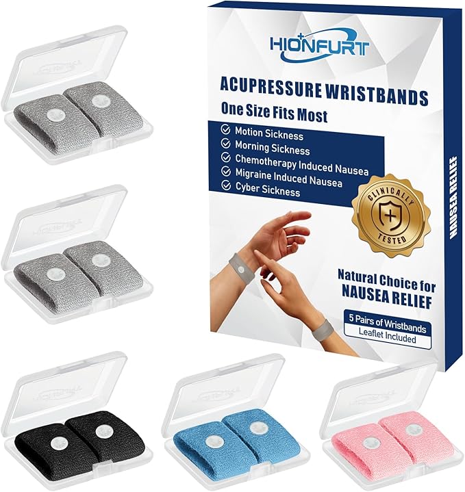 Hionfurt Motion Sickness Bands Anti Nausea Wristband for Adult and Kids Morning Sickness Relief for Pregnancy Acupressure Nausea Relief for Car, Sea, Air Sickness-5 Pairs Gray, Gray, Black, Blue, Pink