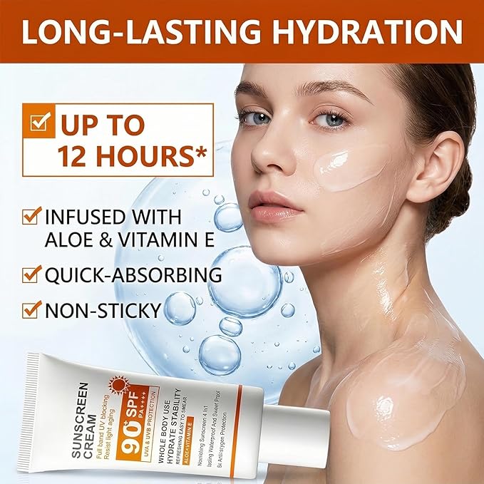 SPF 90+ Sunscreen Cream 2 Pack, Broad Spectrum UVA/UVB Protection Face & Body Sun Lotion with Aloe Vera & Vitamin E, Lightweight, Non-Greasy, Water & Sweat Resistant Daily Sun Defense