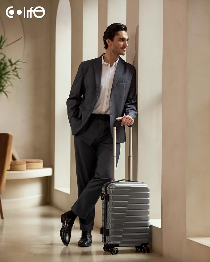 Coolife Carry On Luggage Airline Approved with Spinner Wheels, Hard Shell Suitcase TSA Lock Lightweight Travel Luggage 20-inch,Gray
