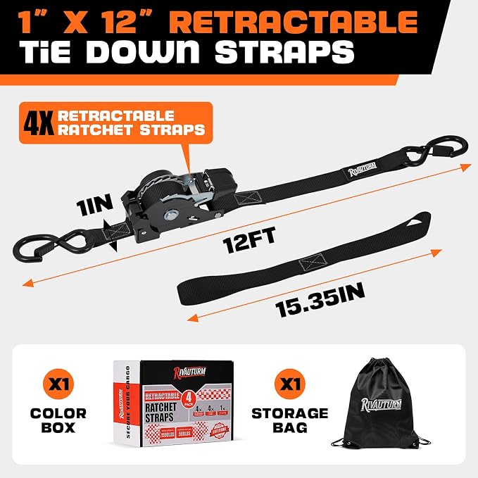 Heavy Duty Retractable Ratchet Straps 4 Pack 1 Inch x 12 Feet (1,500lb Break Strength) Auto Self Retracting Tie-Down Straps for Motorcycle, Truck, Cargo Trailer, ATV, UTV - Black